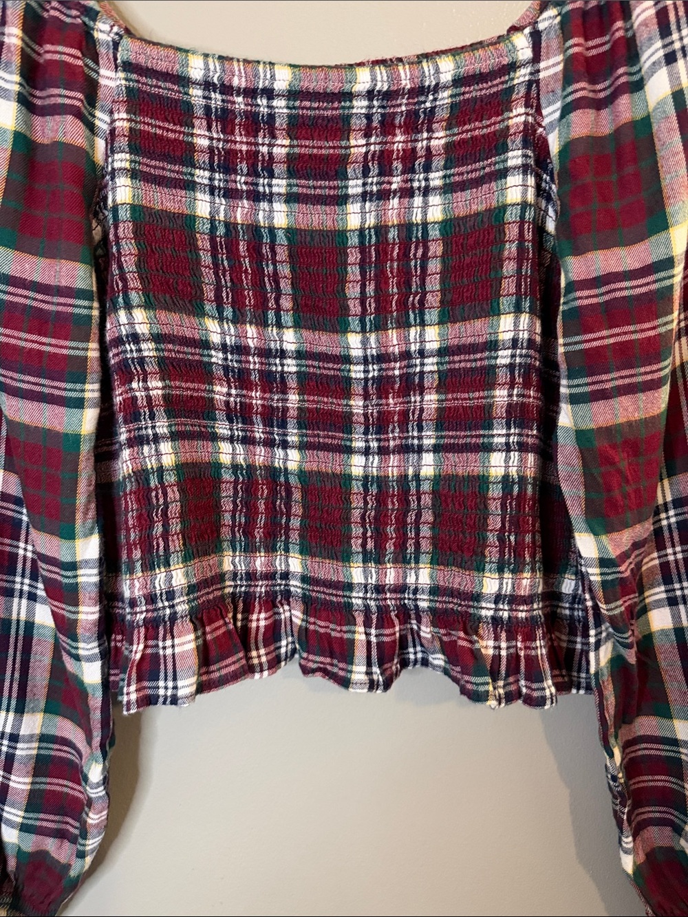 SO Goods for Life Plaid Smocked Off Shoulder Crop Top XL Cottagecore Fall - Picture 5 of 8